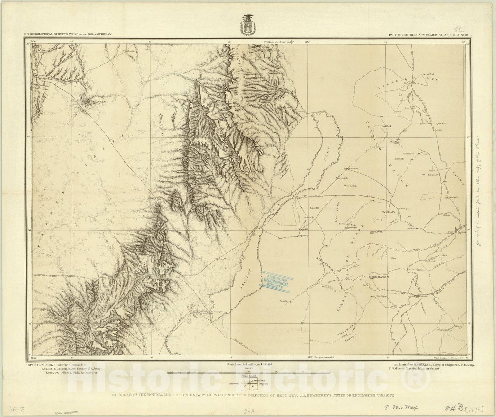 Map : New Mexico 1878, U.S. geographical surveys west of the 100th meridian part of southern New Mexico, atlas sheet no. 84 (B) , Antique Vintage Reproduction