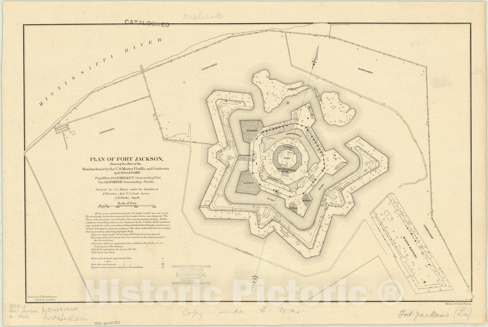 Map : Fort Jackson, Louisiana 1862, Antique Vintage Reproduction