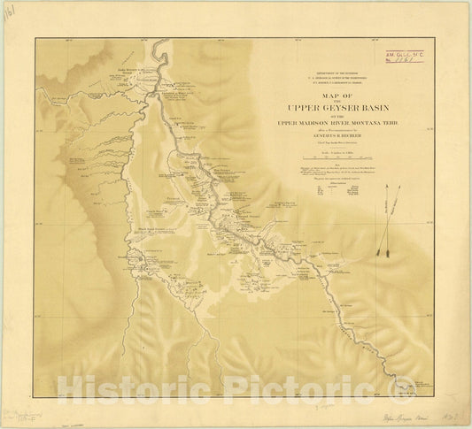 Map : Montana 1872, Map of the Upper Geyser Basin on the Upper Madison River, Montana Terr. , Antique Vintage Reproduction