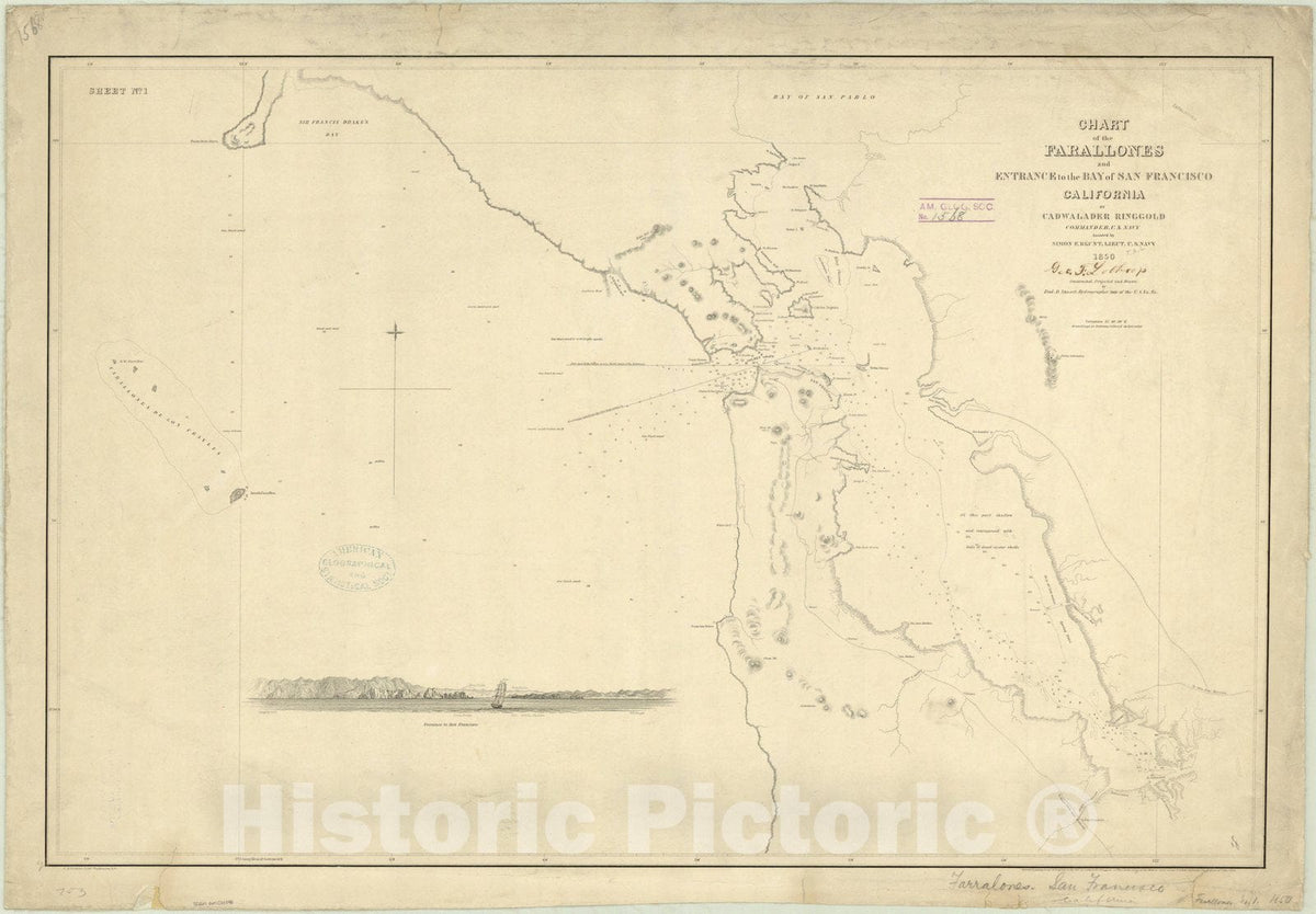 Map : San Francisco, California 1851, Chart of the Farallones and entrance to the Bay of San Francisco : California , Antique Vintage Reproduction