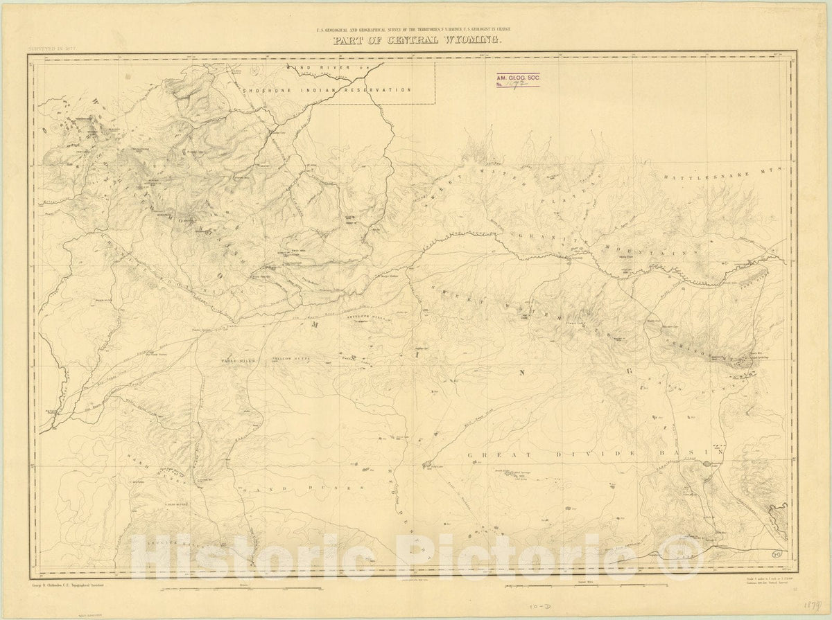 Map : Wyoming 1877, Part of central Wyoming , Antique Vintage Reproduction