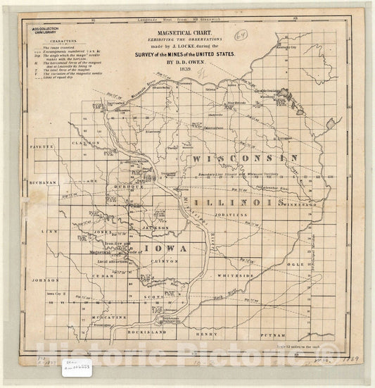 Map : Wisconsin, Illinois, Iowa and Minnesota 1839, Magnetical chart, exhibiting the observations made by J. Locke during the survey of the mines of the United States