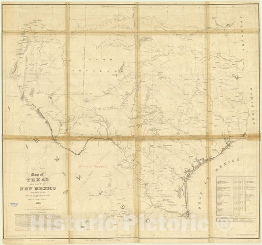 Map : Texas 1857, Map of Texas and part of New Mexico : compiled in the Bureau of Topographl. Eng'rs. chiefly for military purposes, 1857, Antique Vintage Reproduction