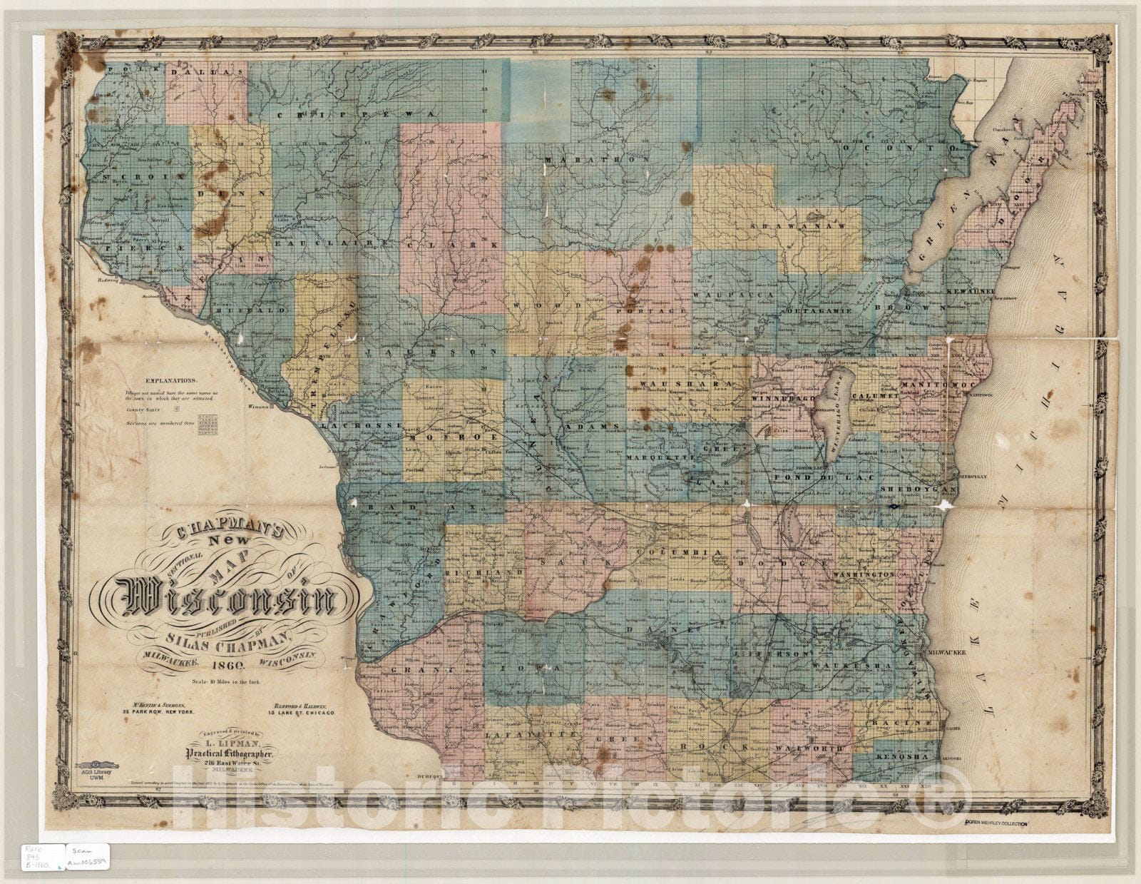 Map : Wisconsin 1860, Chapman's new sectional map of Wisconsin , Antique Vintage Reproduction