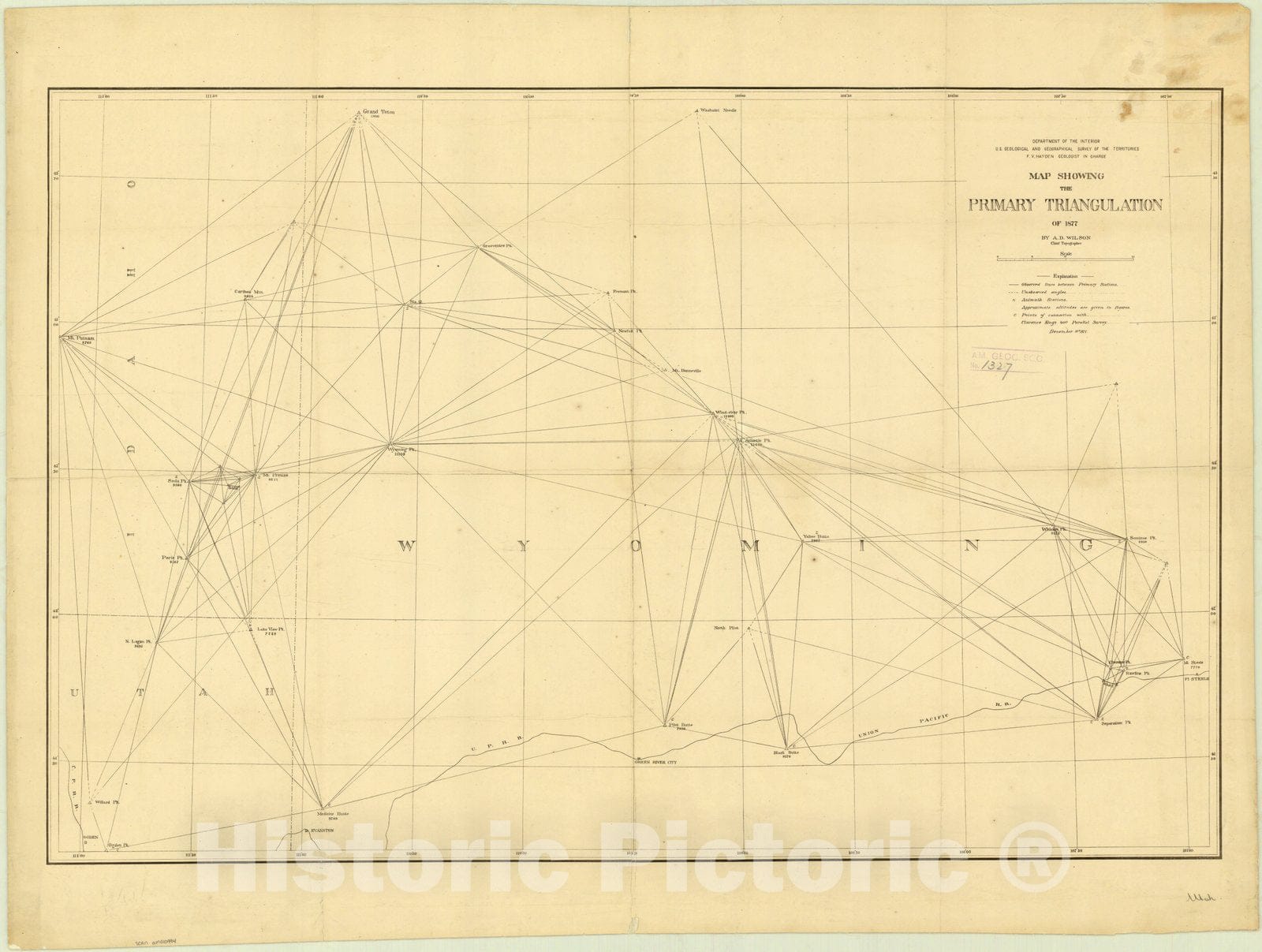 Map : Wyoming 1877, Map showing the primary triangulation of 1877 , Antique Vintage Reproduction