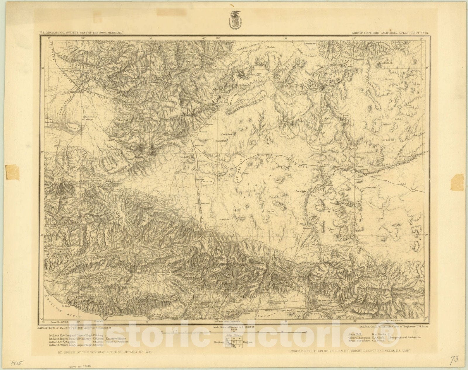 Map : California 1883, U.S. Geographical surveys west of the 100th meridian : part of southern California, atlas sheet no.73 , Antique Vintage Reproduction