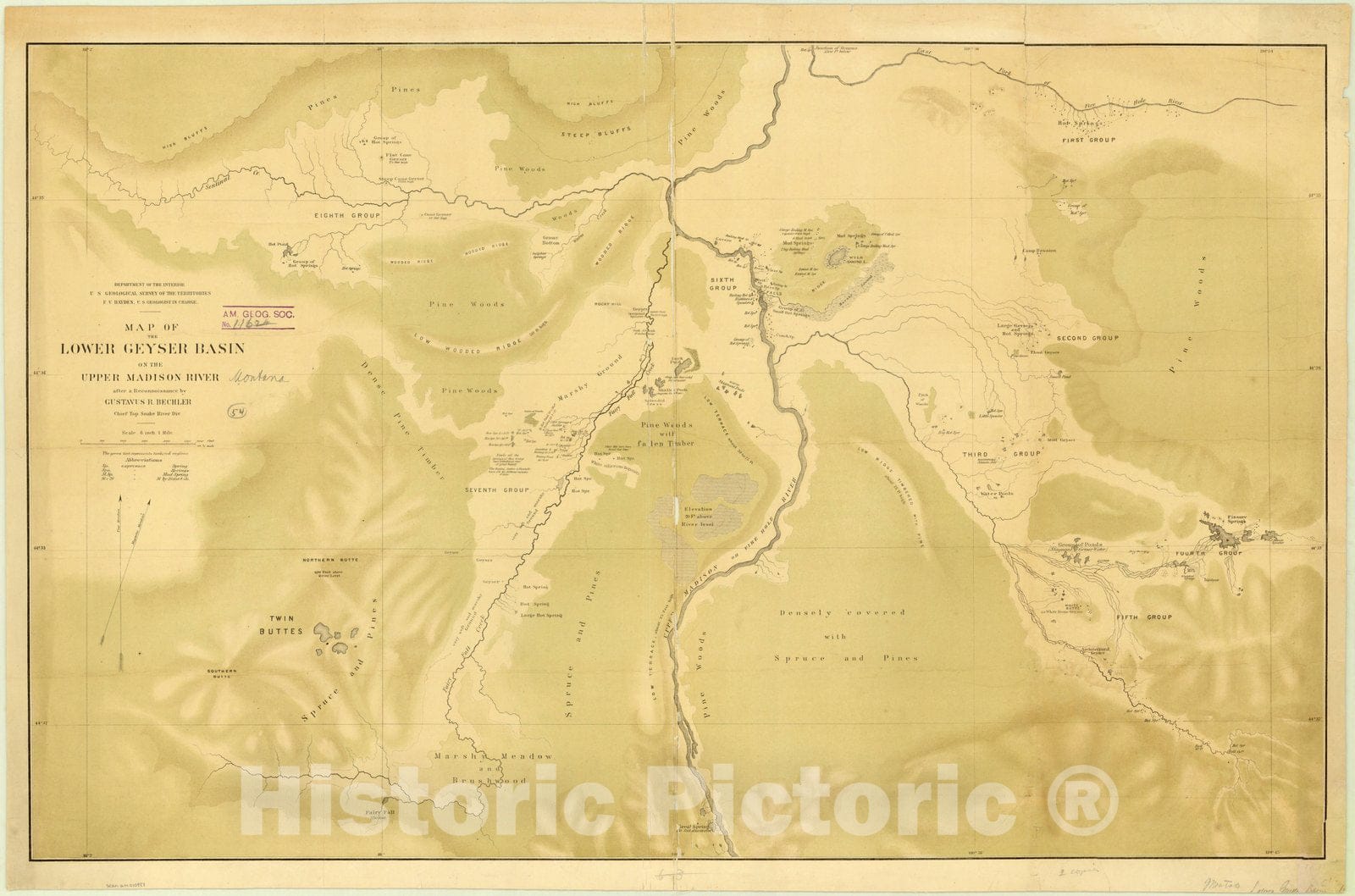 Map : Geyser Basin, Montana 1872, Map of the Lower Geyser Basin of the Upper Madison River , Antique Vintage Reproduction