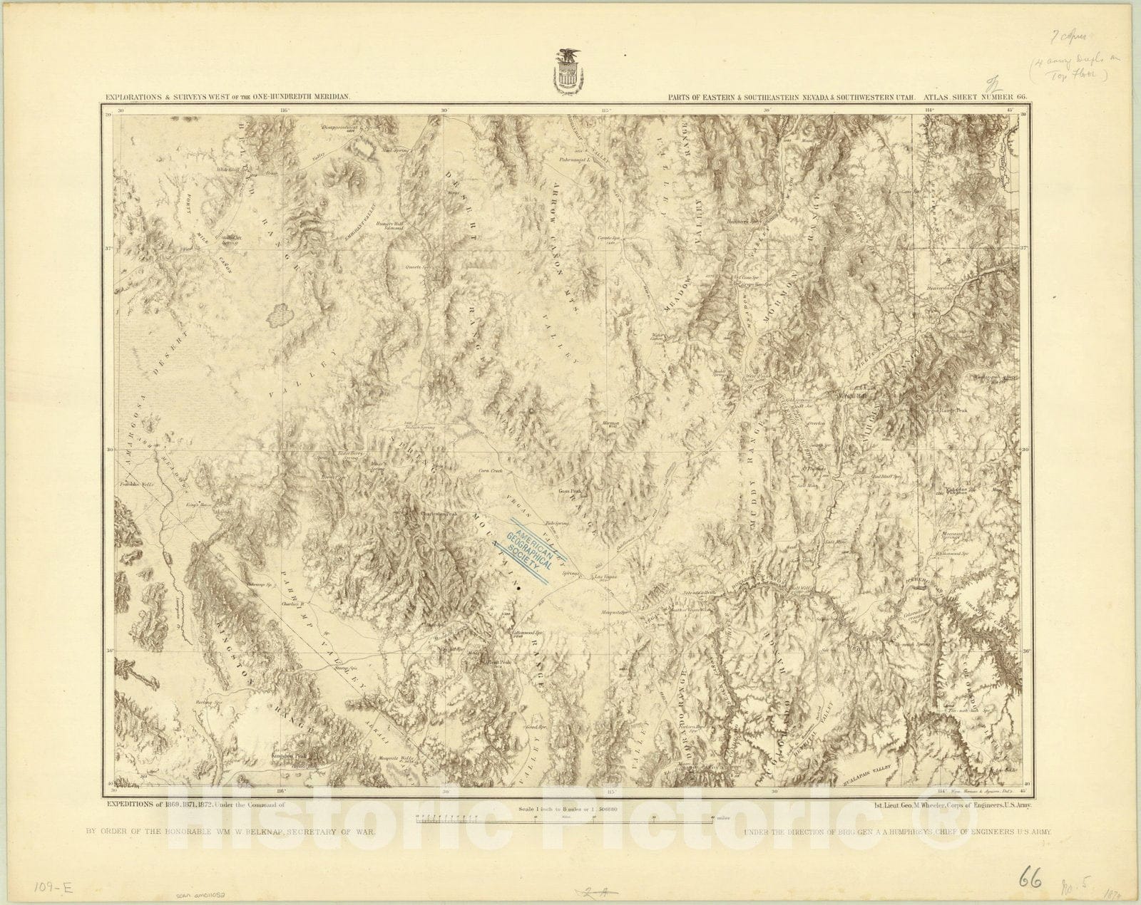 Map : Nevada and Utah 1874, Explorations & surveys west of the one-hundreth meridian : parts of eastern & southeastern Nevada and southwestern Utah, atlas sheet no.66