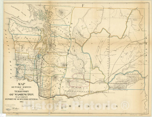 Map : Washington 1865, Map of public surveys in the Territory of Washington to accompany report of Surveyor General, Antique Vintage Reproduction