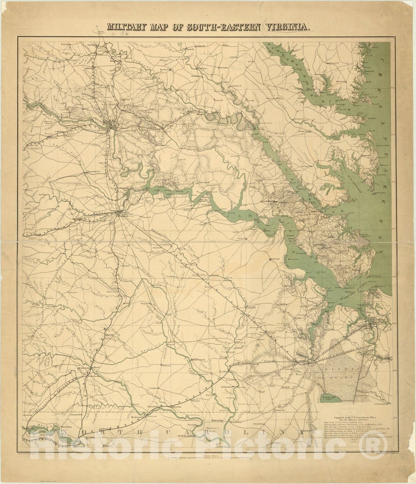 Map : Virginia 1862, Military map of south-eastern Virginia , Antique Vintage Reproduction