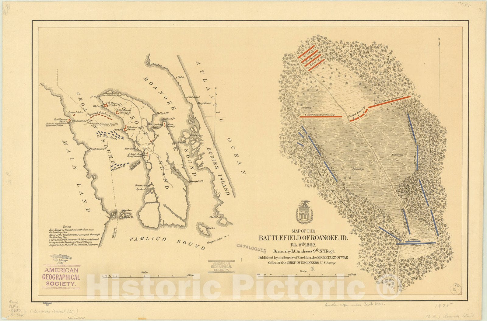 Map : Roanoke Island, North Carolina 1862, Antique Vintage Reproduction