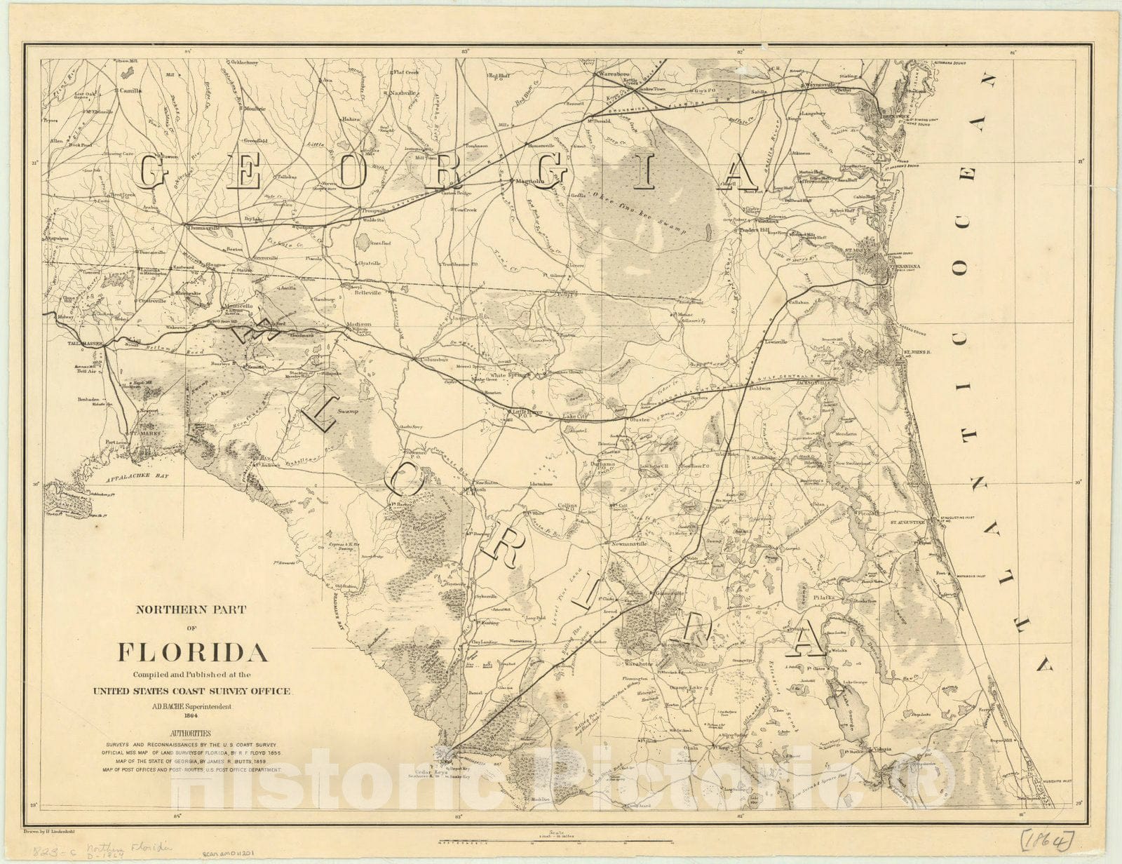 Map : Florida 1864 1, Northern part of Florida , Antique Vintage Reproduction
