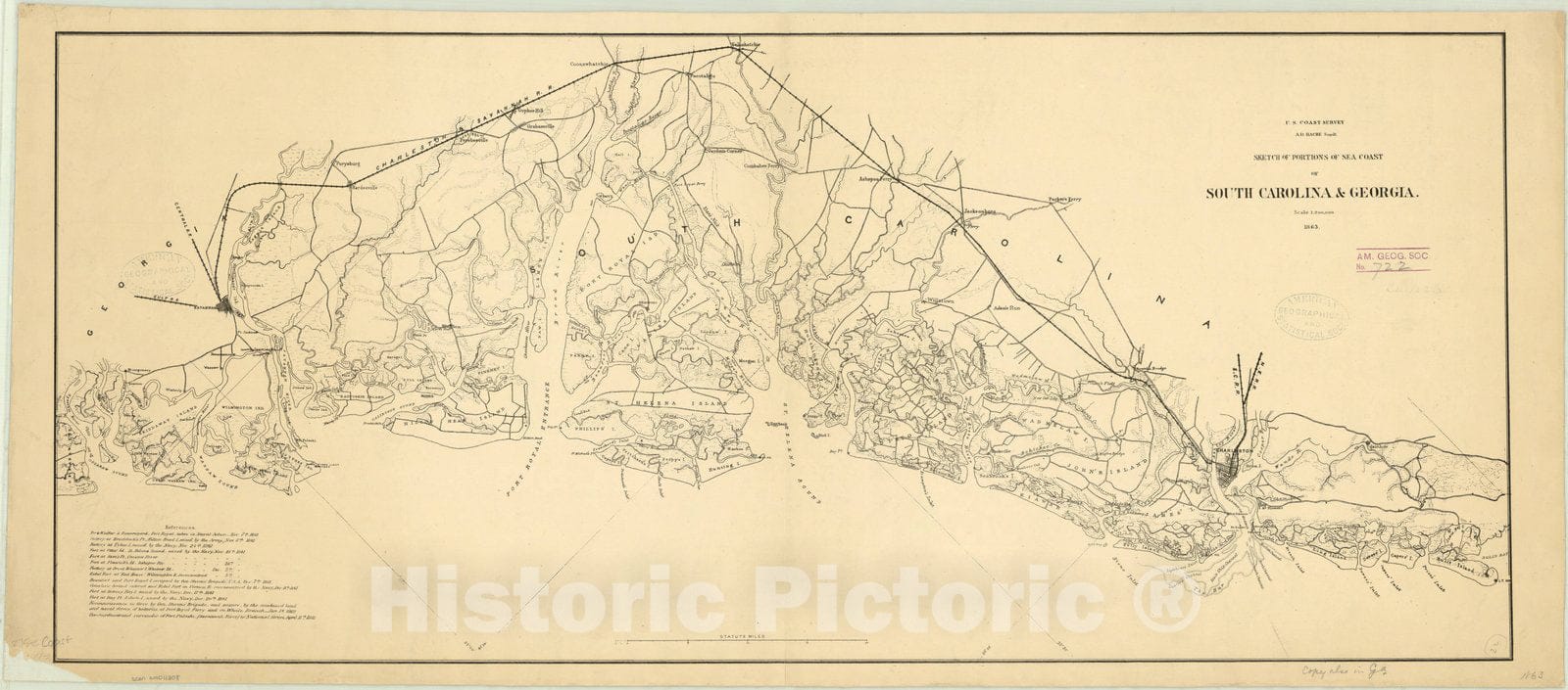 Map : South Carolina and Georgia 1863, Sketch of sea coast of South Carolina and Georgia, Antique Vintage Reproduction
