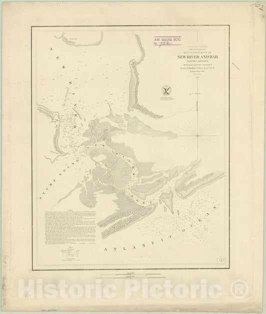Map : New River, North Carolina 1852, Reconnaissance of New River and Bar, North Carolina , Antique Vintage Reproduction