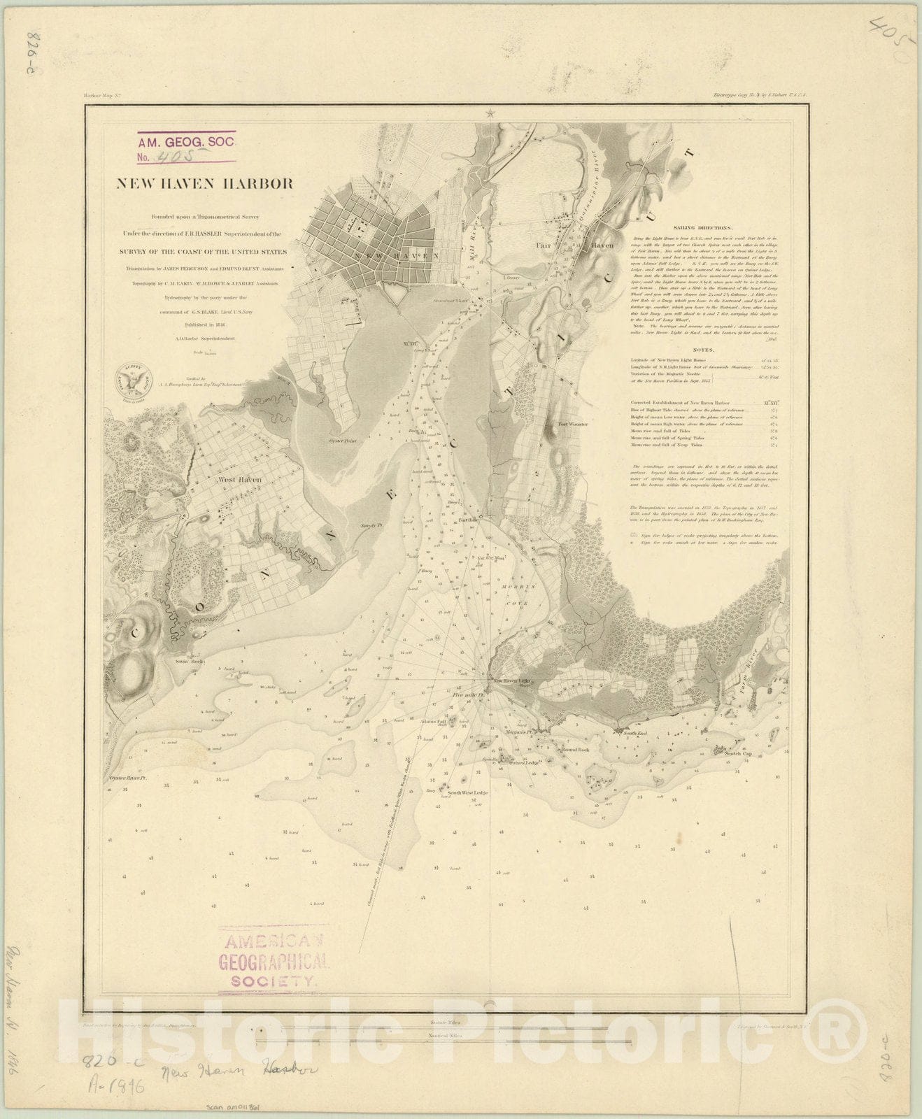 Map : New Haven, Connecticut 1846, New Haven harbor , Antique Vintage Reproduction