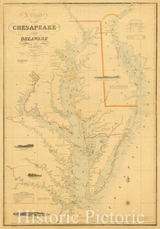 Map : Chesapeake and Delaware Bays, Maryland and Virginia 1859, A chart of the Chesapeake and Delaware Bays , Antique Vintage Reproduction