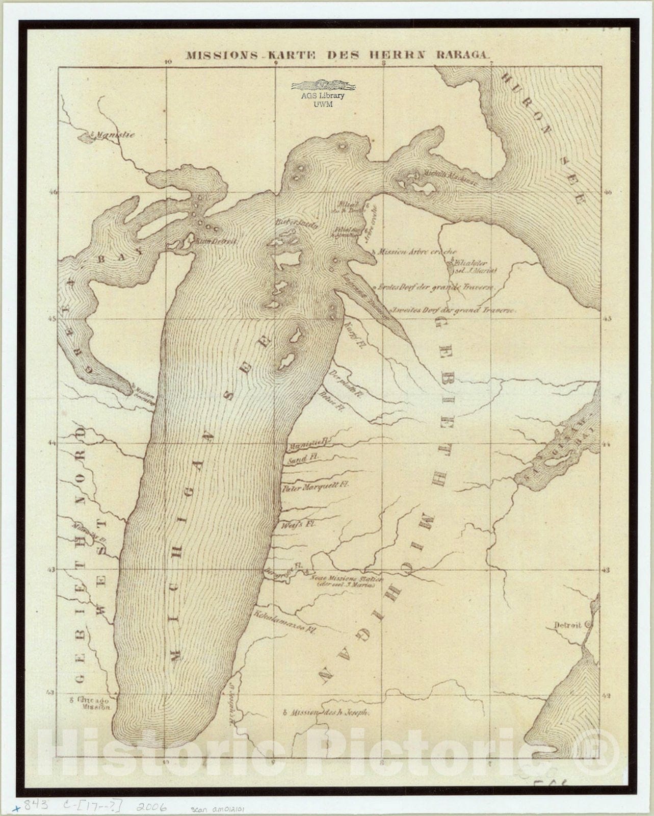 Map : Michigan 17--?, Missions-karte des Herrn Baraga, Antique Vintage Reproduction