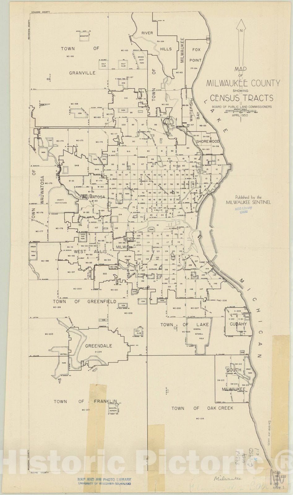 Map : Milwaukee County, Wisconsin 1950, Map of Milwaukee County showing census tracts, April 1950 , Antique Vintage Reproduction