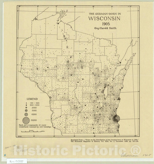 Map : Wisconsin 1905, The German-born in Wisconsin, 1905 Guy-Harold Smith, Antique Vintage Reproduction