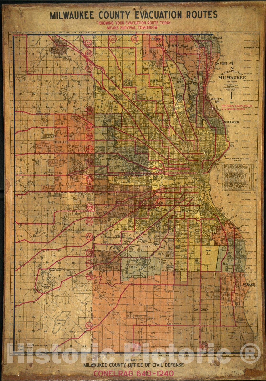 Map : Milwaukee County, Wisconsin 1956, Milwaukee County evacuation routes , Antique Vintage Reproduction