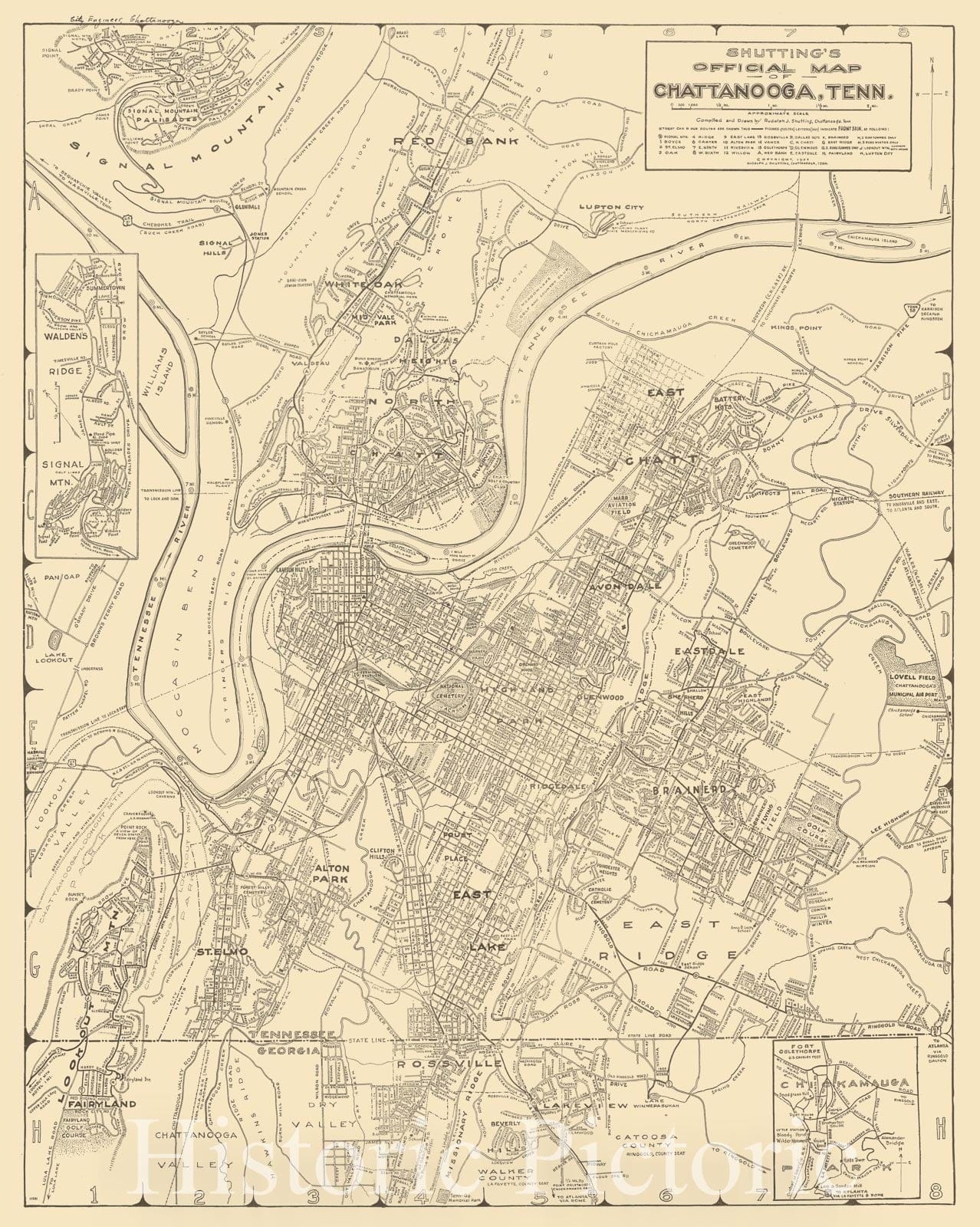 Map : Chattanooga, Tennessee 1931, Shutting's official map of Chattanooga, Tenn. , Antique Vintage Reproduction