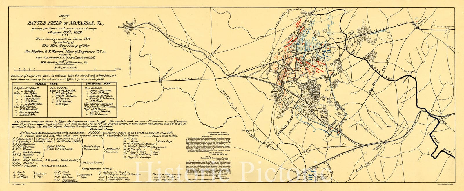 Map : Manassas, Virginia 1878, Map of battle-field of Manassas, Va., giving positions and movements of troops, August 30th, 1862 , Antique Vintage Reproduction