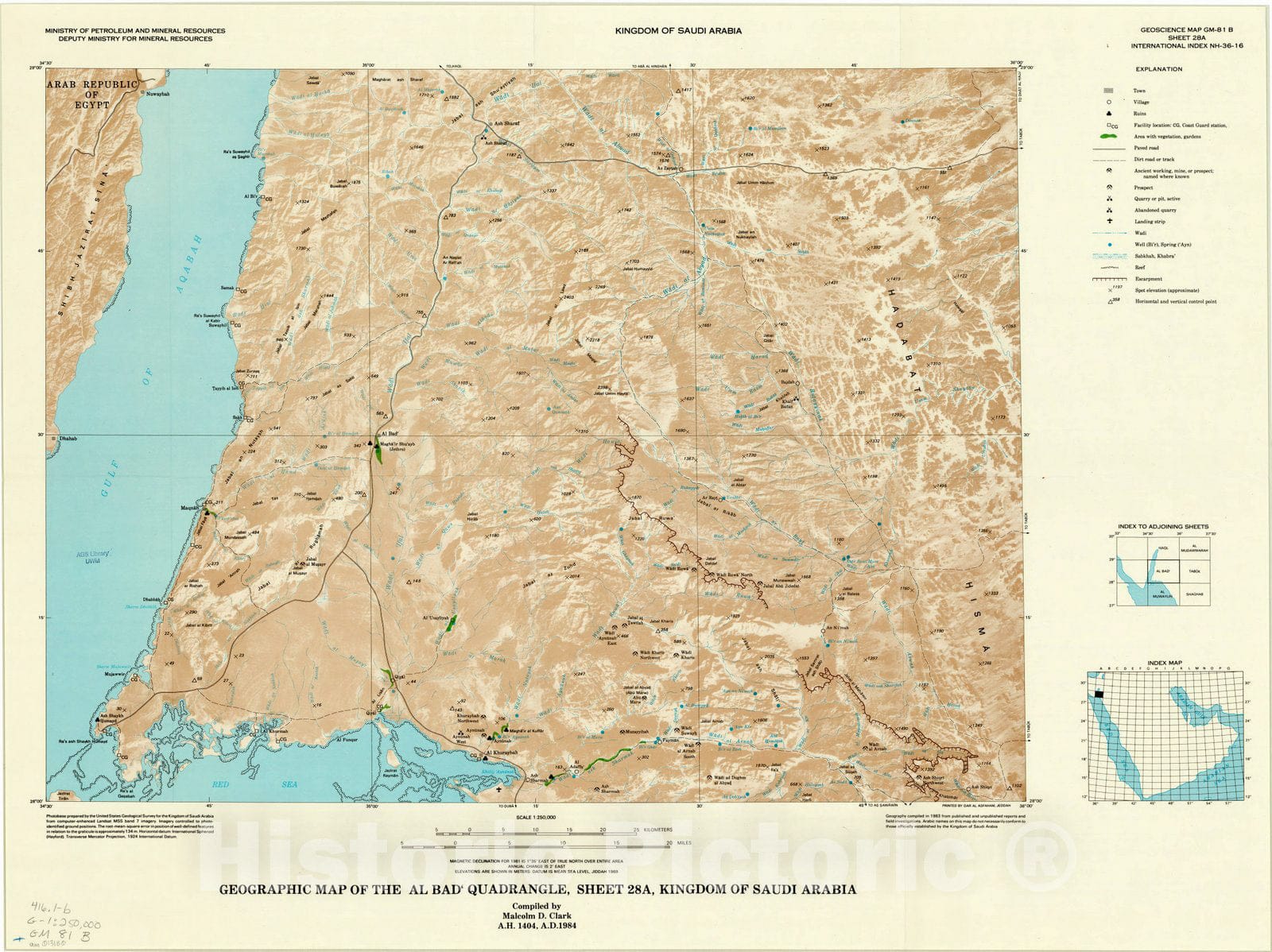 Map : Al Bad, Saudi Arabia 1984, Geographic map of the Al Bad quadrangle, sheet 28A, Kingdom of Saudi Arabia , Antique Vintage Reproduction