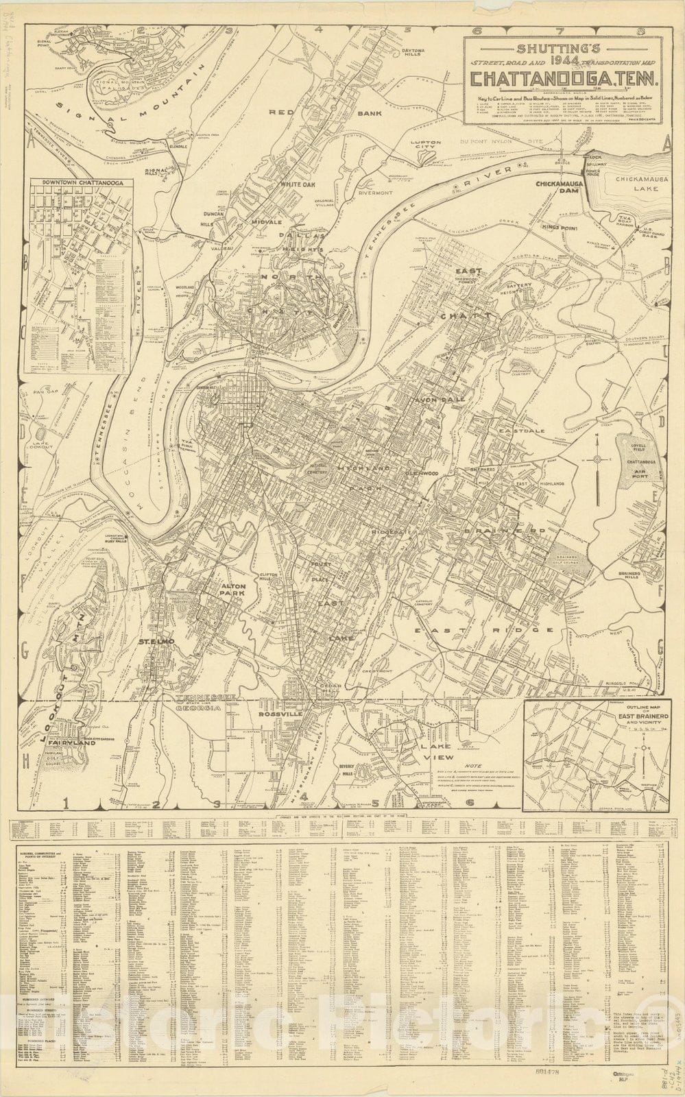 Map : Chattanooga, Tennessee 1944, Shutting's 1944 street, road and transportation map, Chattanooga, Tenn. , Antique Vintage Reproduction