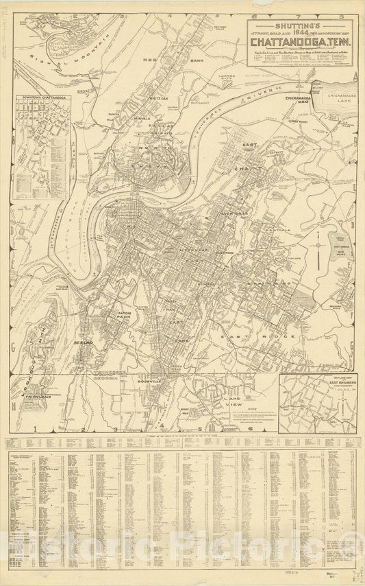 Map : Chattanooga, Tennessee 1944, Shutting's 1944 street, road and transportation map, Chattanooga, Tenn. , Antique Vintage Reproduction