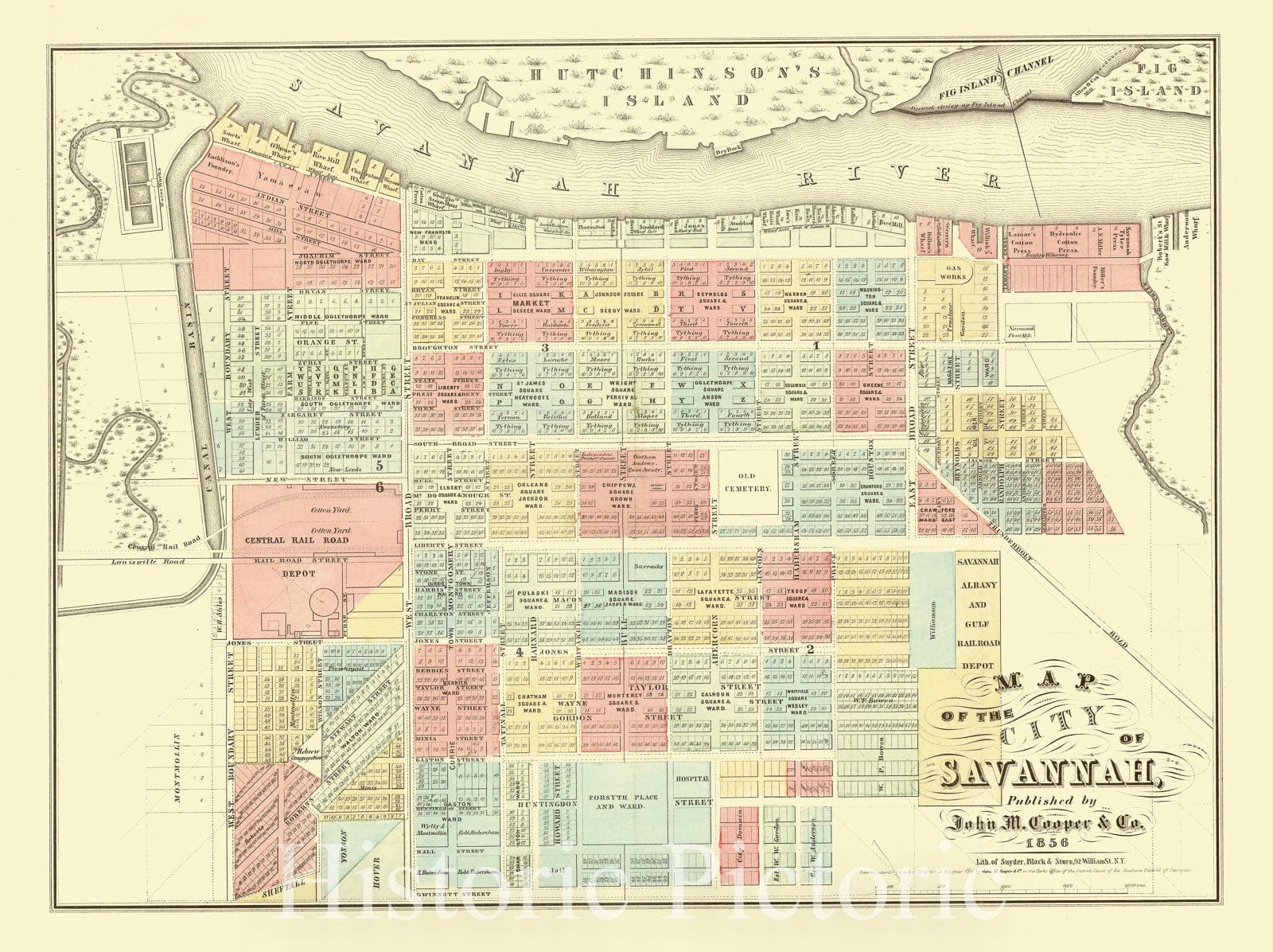 Map : Savannah, Georgia 1856, Map of the city of Savannah , Antique Vintage Reproduction
