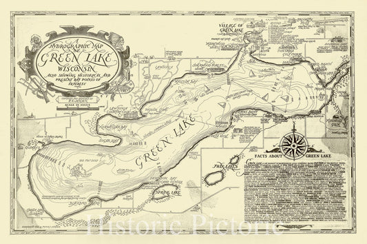 Historic Map : Green Lake, Wisconsin 1937, A hydrographic map of Green Lake, Wisconsin : also showing historical and present day points of interest , Antique Vintage Reproduction