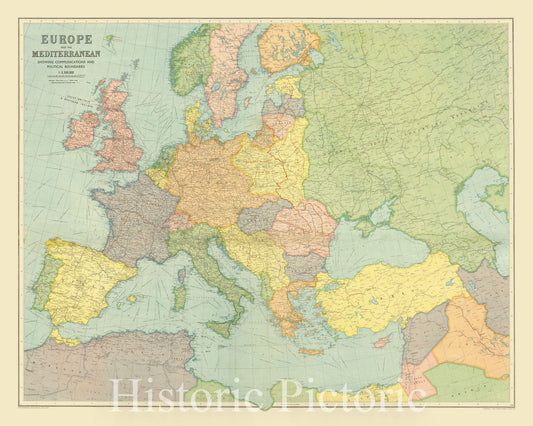 Map : Europe 1939 1, Bartholomew's map of Europe & the Mediterranean showing communications and political boundaries , Antique Vintage Reproduction