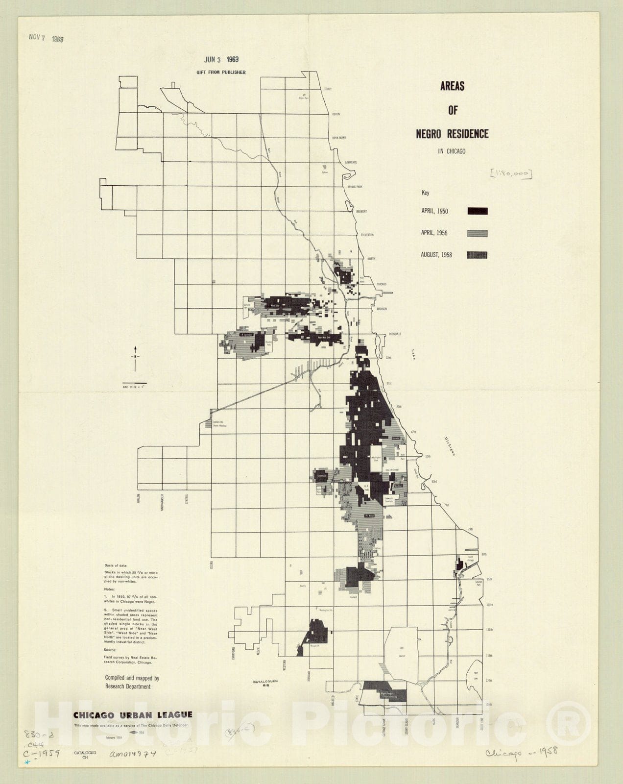 Map : Chicago, Illinois 1959, Areas of Negro residence in Chicago , Antique Vintage Reproduction