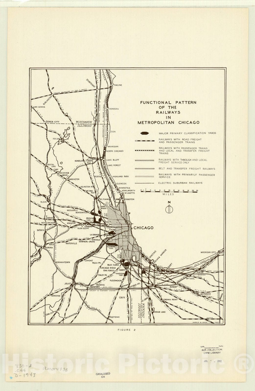 Map : Chicago, Illinois 1943, Functional pattern of the railways in Metropolitan Chicago , Antique Vintage Reproduction