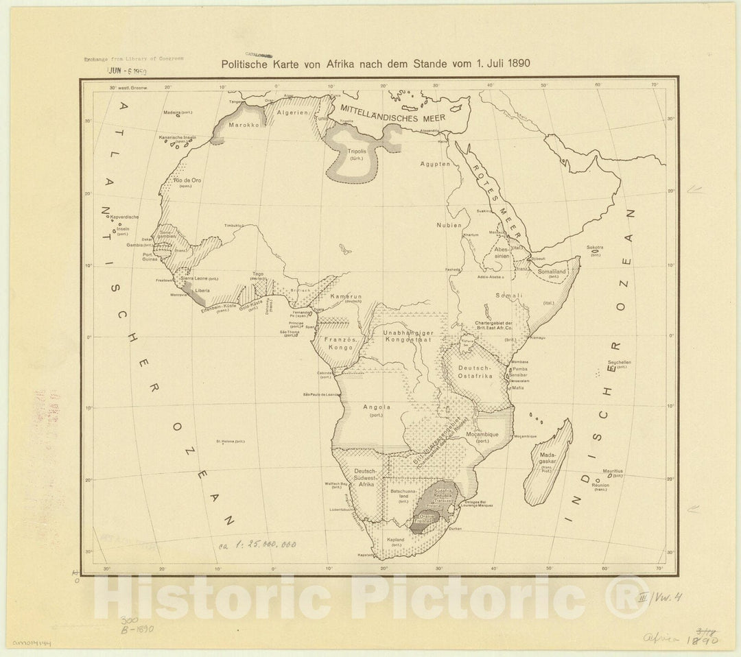 Map : Africa 1890, Politische Karte von Afrika nach dem Stande vom 1. Juli 1890, Antique Vintage Reproduction