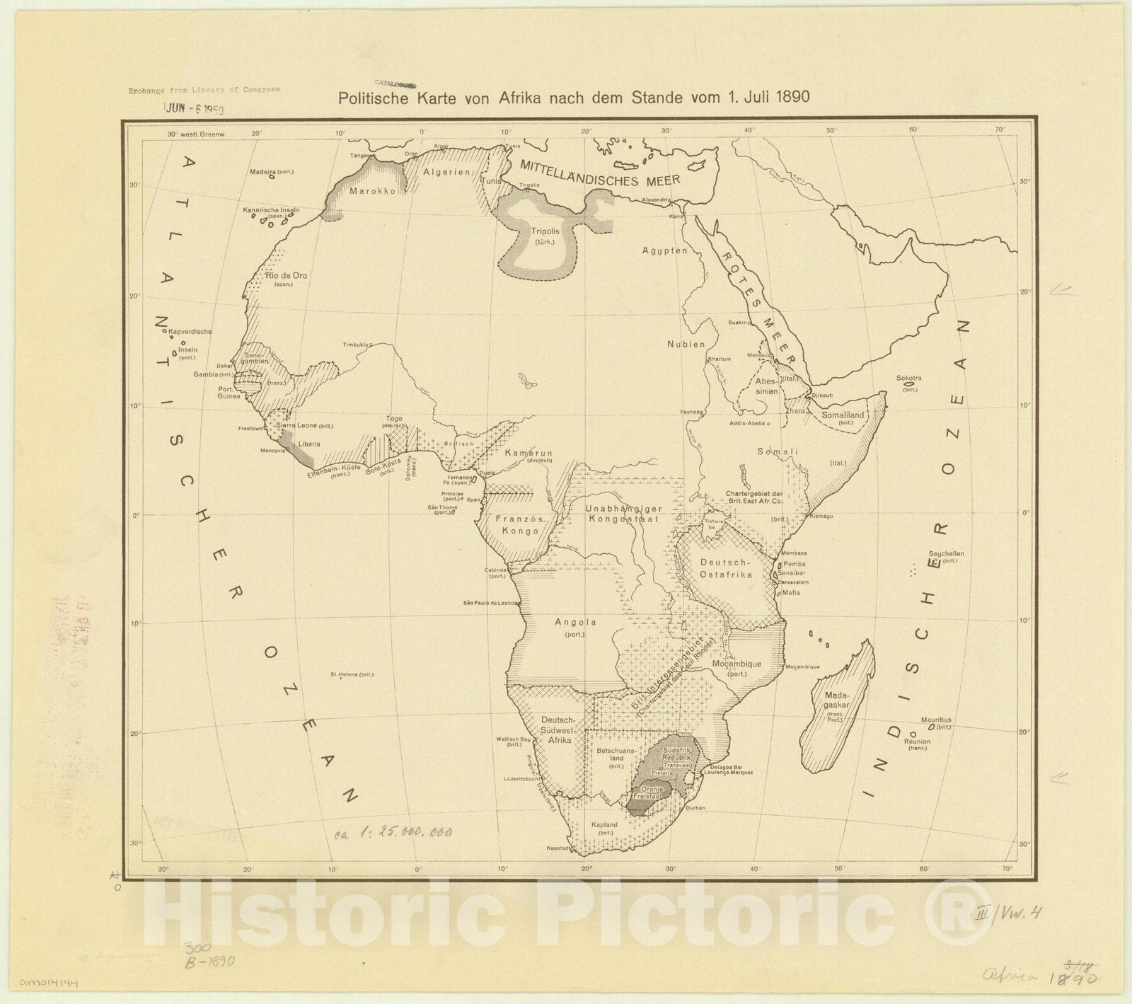 Map : Africa 1890, Politische Karte von Afrika nach dem Stande vom 1. Juli 1890, Antique Vintage Reproduction