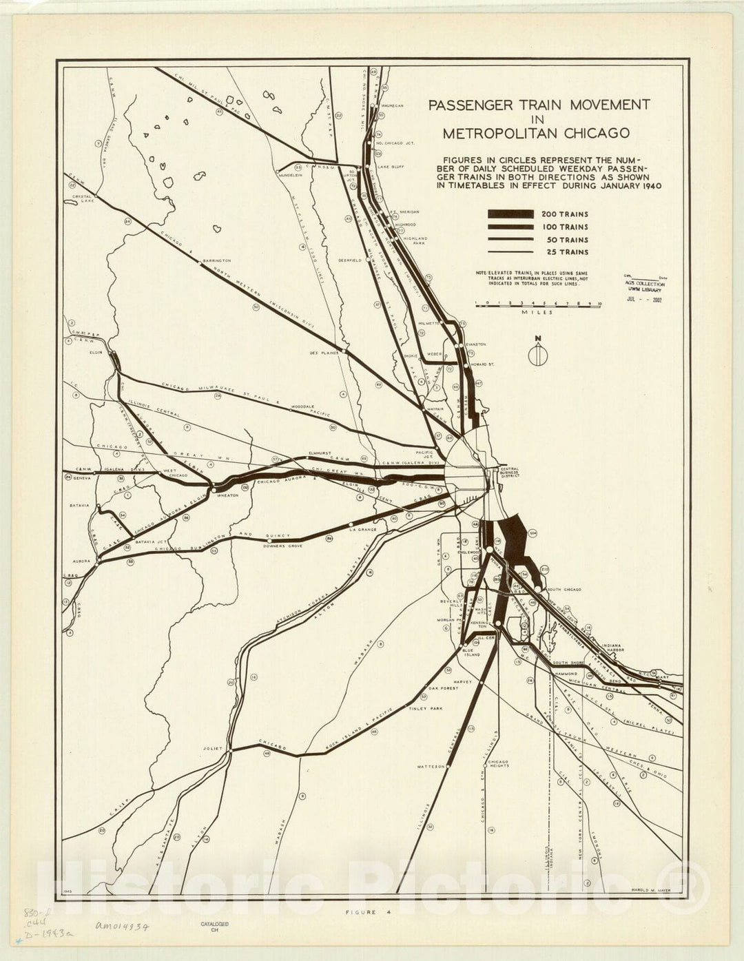 Map : Chicago, Illinois 1943, Passenger train movement in Metropolitan Chicago , Antique Vintage Reproduction