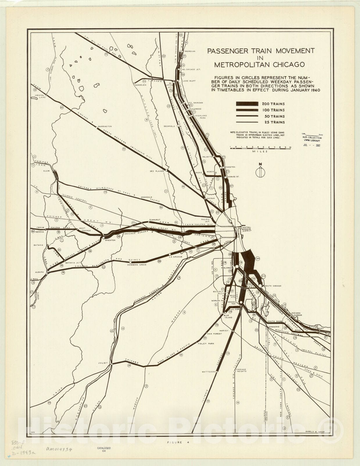 Map : Chicago, Illinois 1943, Passenger train movement in Metropolitan Chicago , Antique Vintage Reproduction