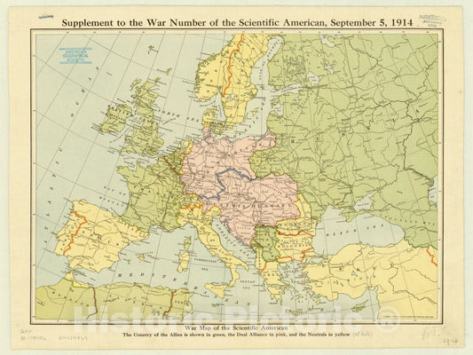 Map : Europe 1914, War map of the Scientific American : the country of the Allies is shown in green, the Dual Alliance in pink, and the neutrals in yellow