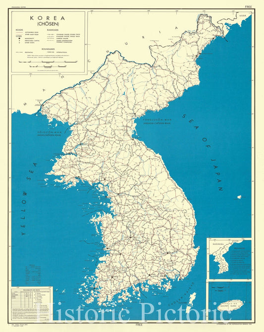 Map : Korea 1945, Korea (Chosen) , Antique Vintage Reproduction
