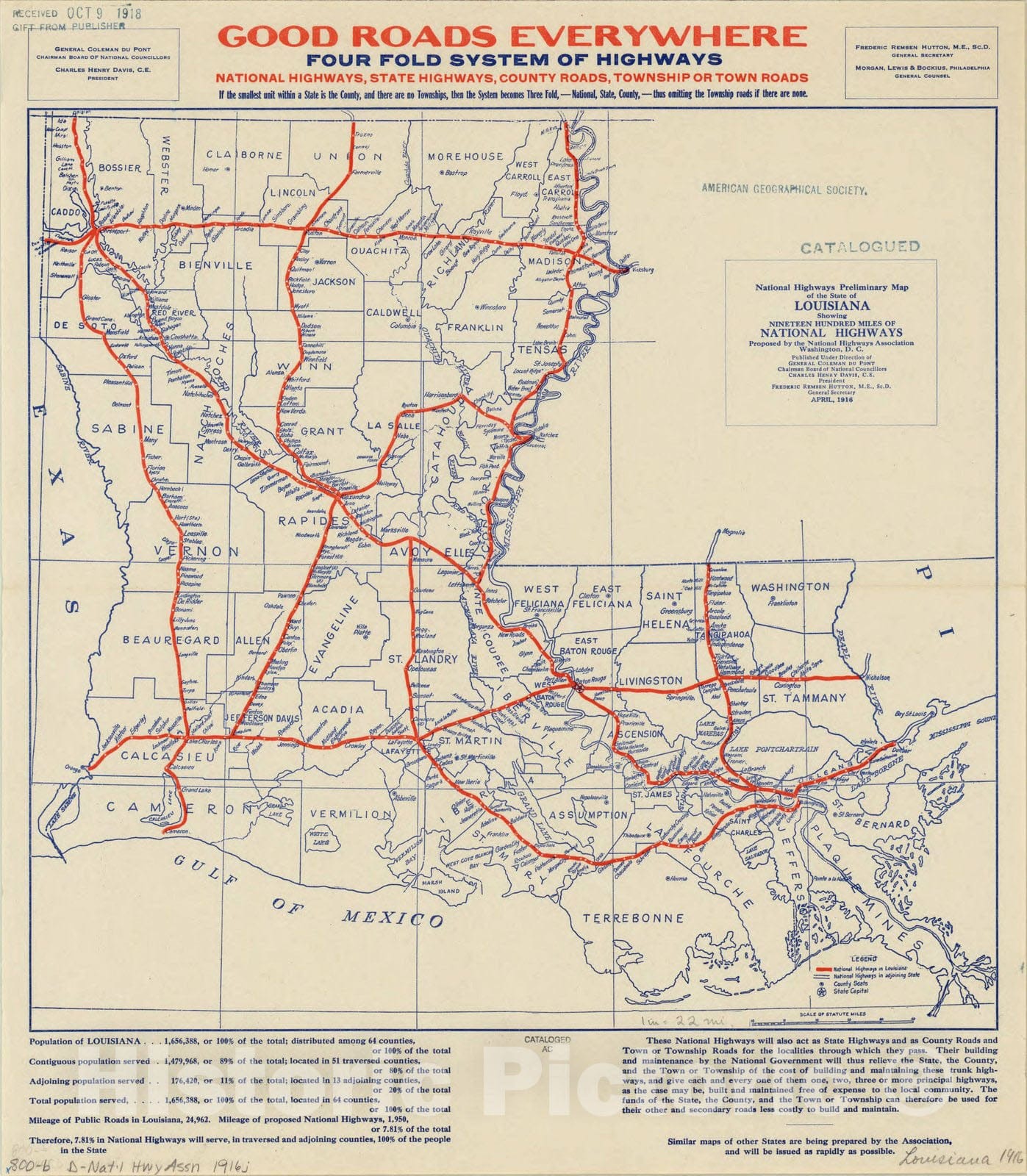 Map : Louisiana 1916, Antique Vintage Reproduction