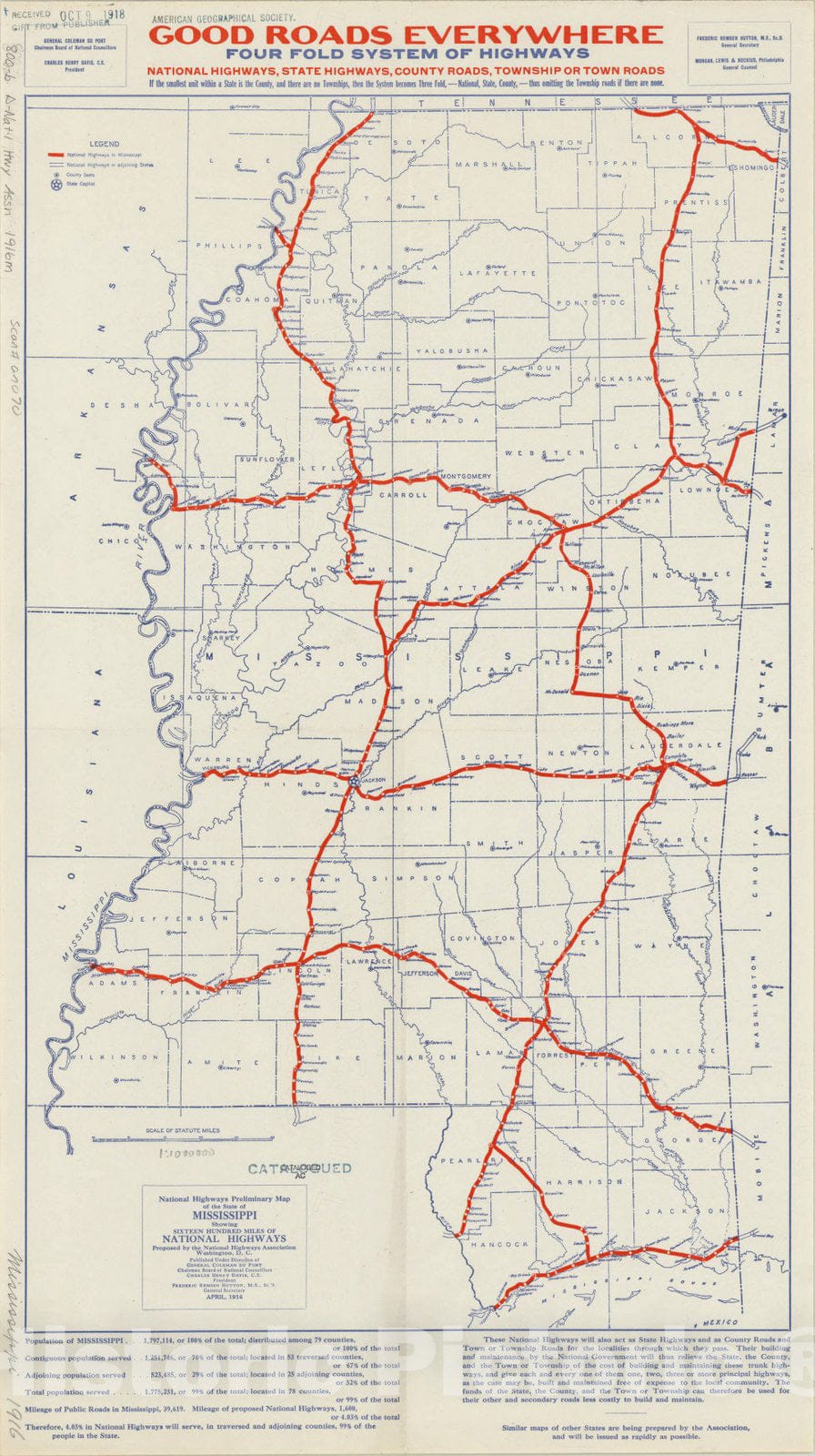 Map : Mississippi 1916, Antique Vintage Reproduction