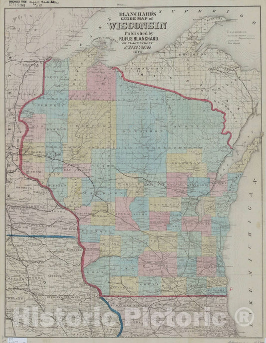 Map : Wisconsin 1872, Blanchard's guide map, Blanchard's guide map of Wisconsin , Antique Vintage Reproduction