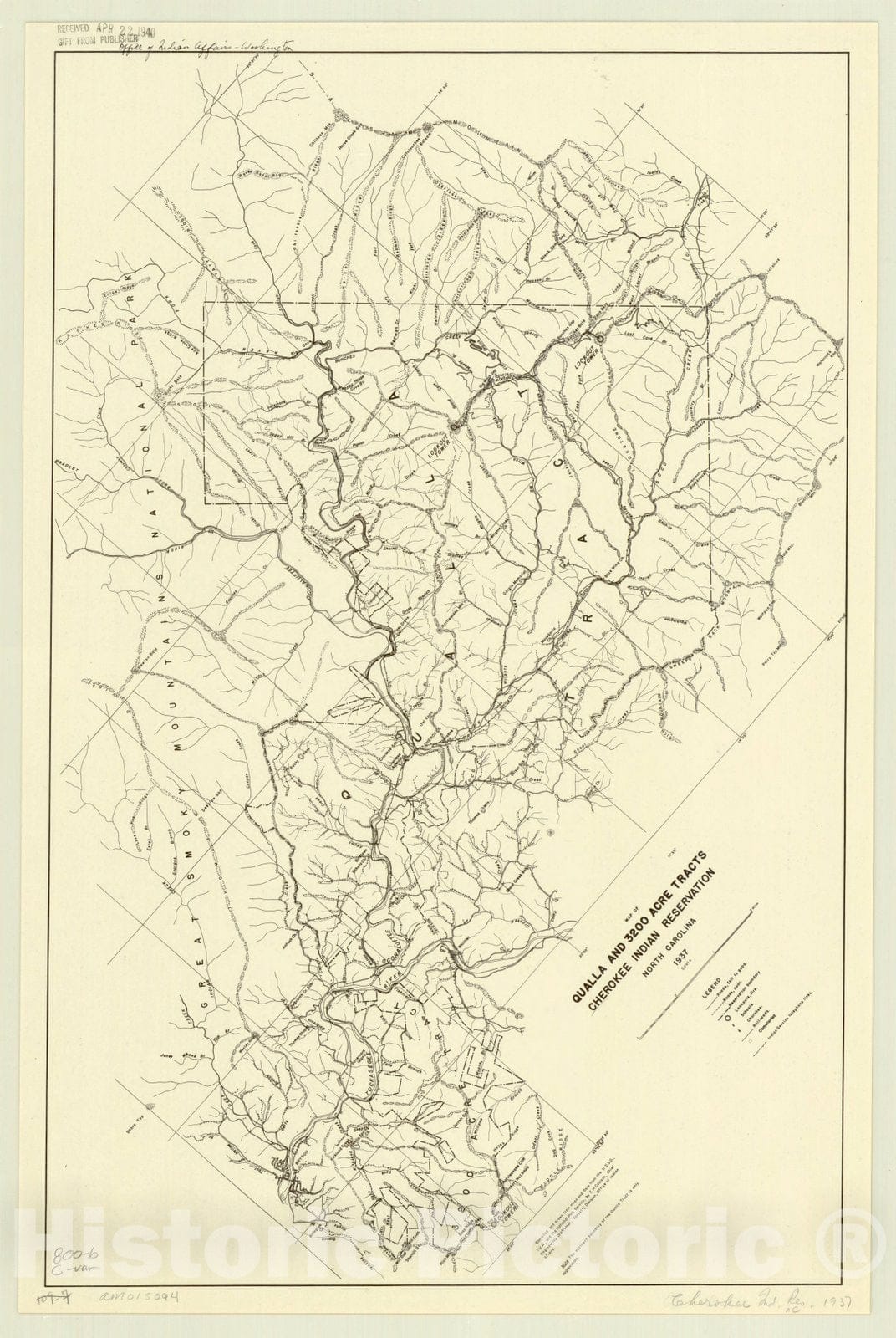 Map : North Carolina 1937, Map of Qualla and 3200 acre tracts, Cherokee Indian Reservation, 1937 , Antique Vintage Reproduction