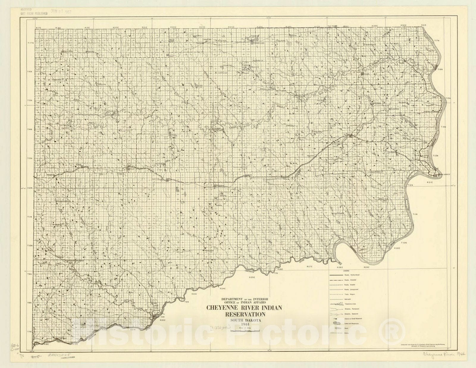 Map : South Dakota 1944, Cheyenne River Indian Reservation, South Dakota, 1944 , Antique Vintage Reproduction