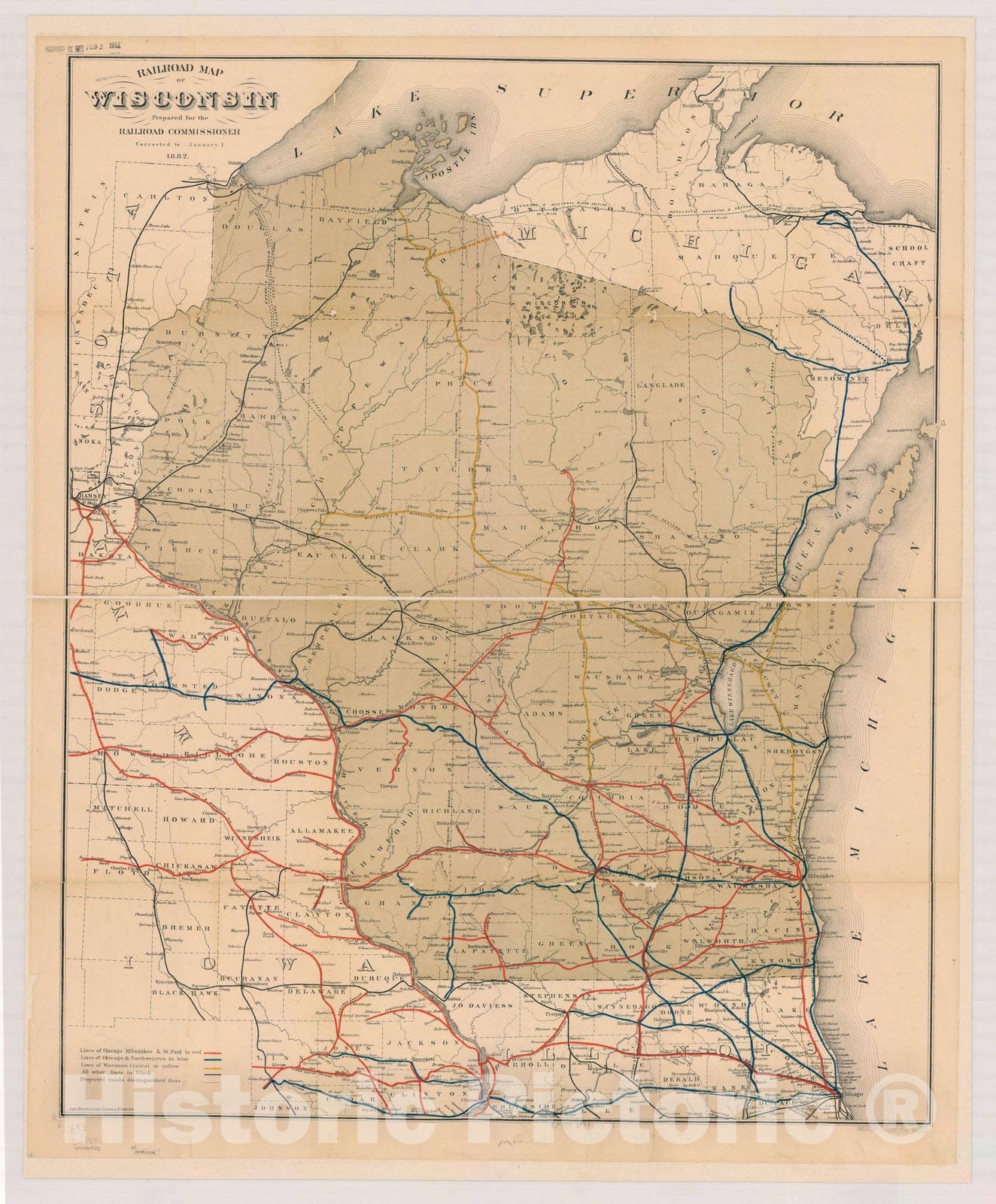 Map : Wisconsin 1882, Railroad map of Wisconsin , Antique Vintage Reproduction