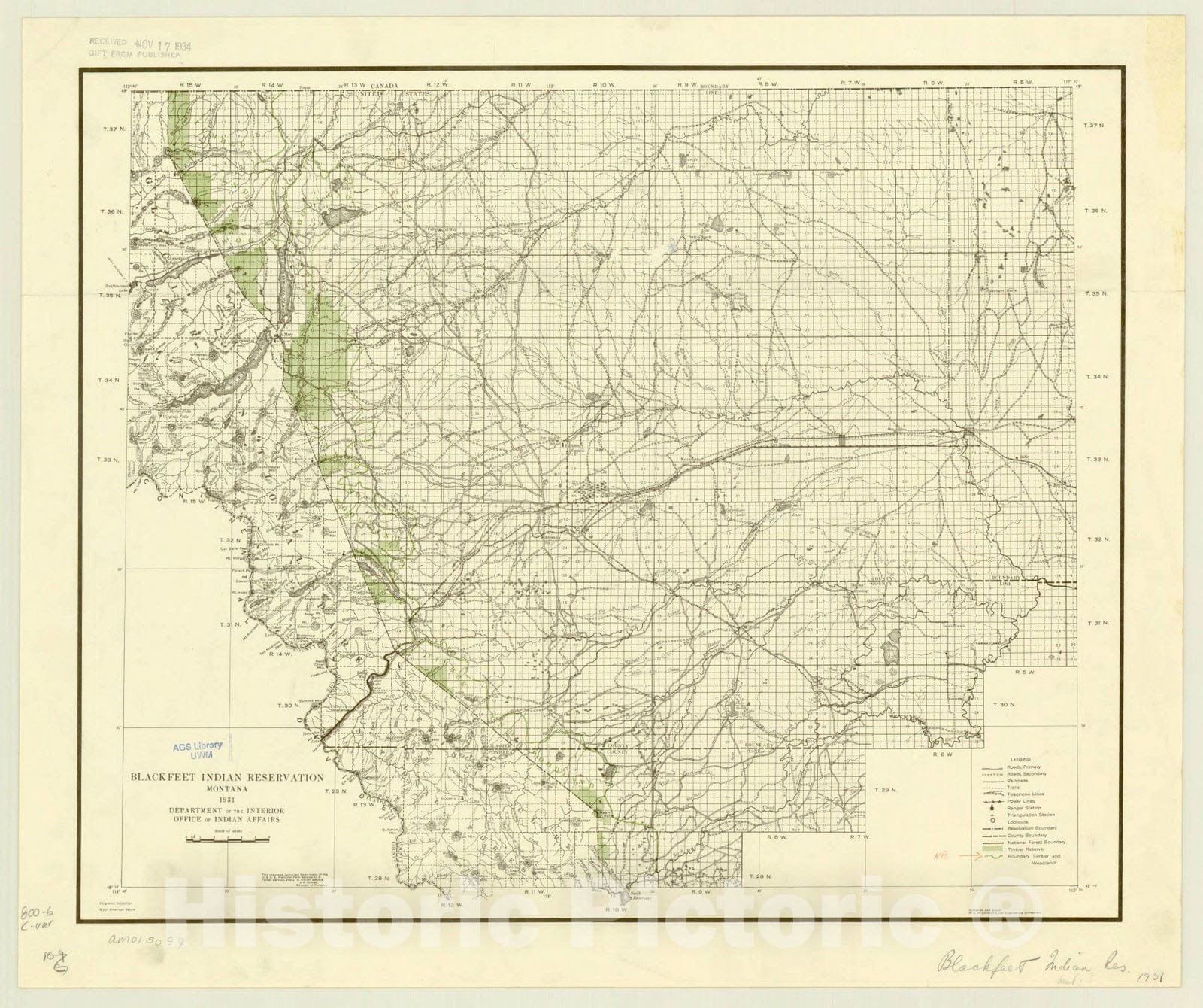 Map : Montana 1931, Blackfeet Indian Reservation, Montana , Antique Vintage Reproduction