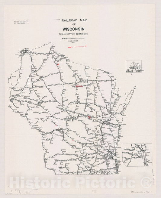 Map : Wisconsin 1945, Railroad map of Wisconsin , Antique Vintage Reproduction