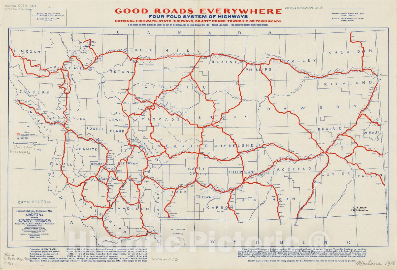 Map : Montana 1916, National highways preliminary map of the state of Montana : showing forty-one hundred miles of national highways , Antique Vintage Reproduction