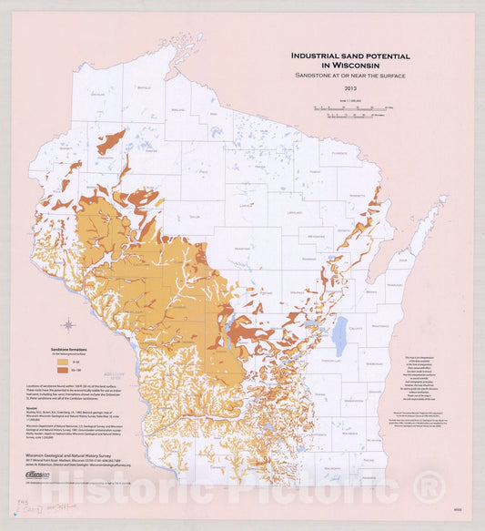 Map : Wisconsin 2013, Industrial sand potential in Wisconsin : sandstone at or near the surface 2013 , Antique Vintage Reproduction